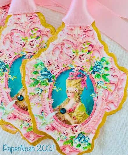 Marie Antoinette Tags. Gift Tags, Favors Pink Musique of Enchantment Set of Eight Double Sided Glittered Tags with Pink Satin Ribbon Ties