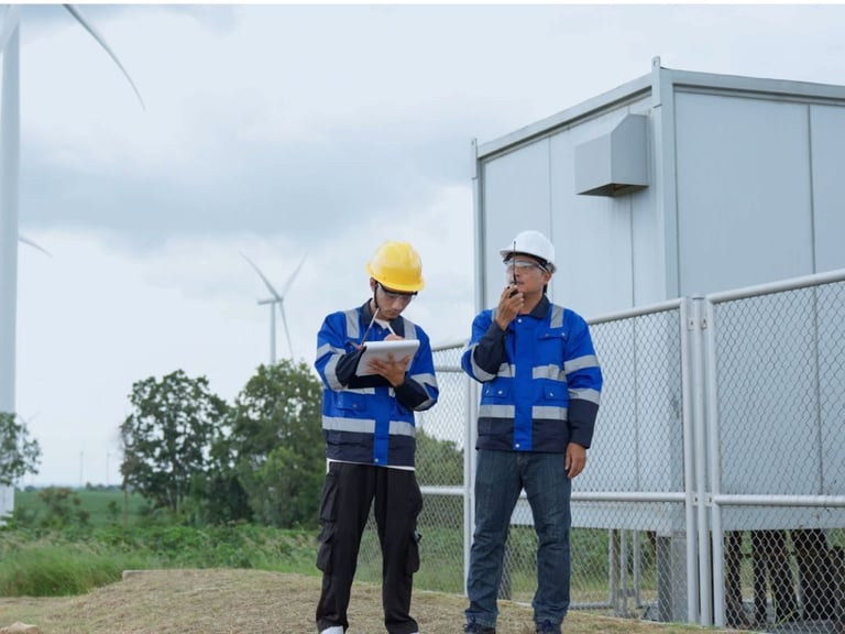 Two engineers in safety gear review plans beside a utility building near wind turbines.