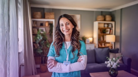 Smiling healthcare worker in scrubs standing in a cozy living room.