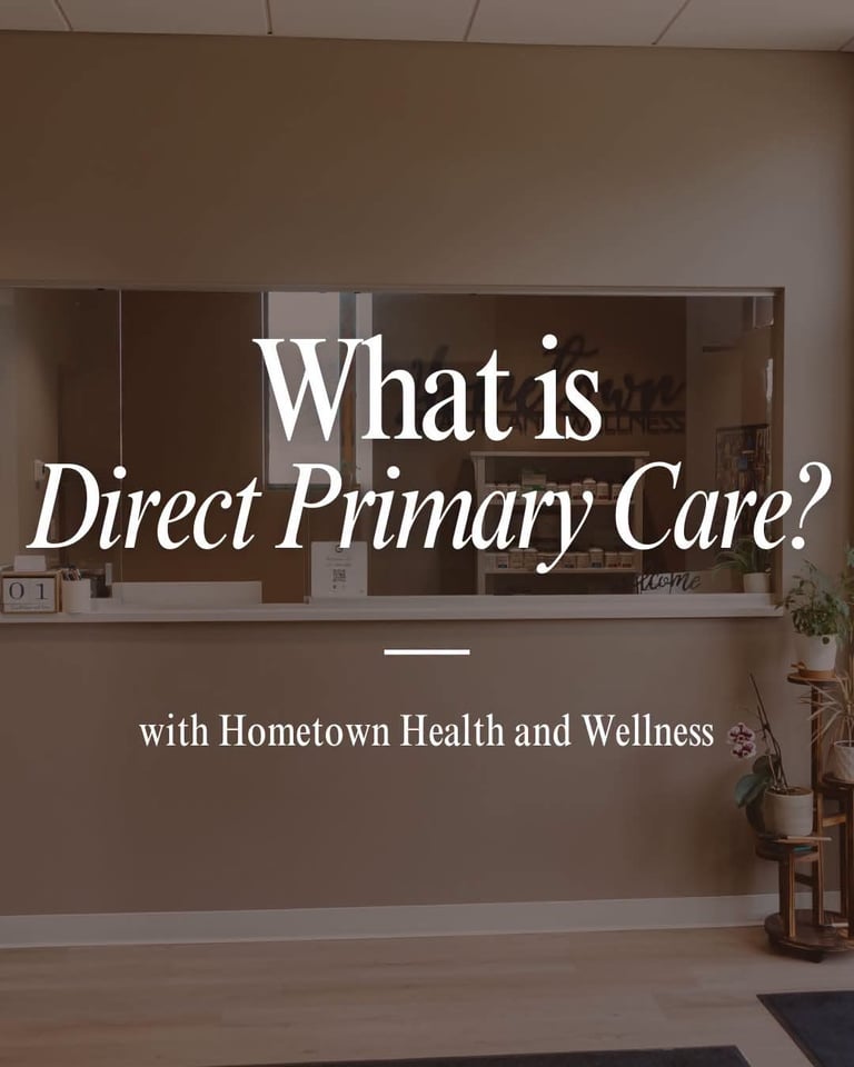 A wellness clinic reception with text overlay explaining direct primary care services.