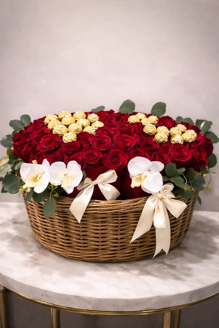 luxury Roses , keepsake orchid & chocolate Basket