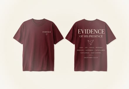 Two maroon t-shirts displayed front and back, showing religious text.