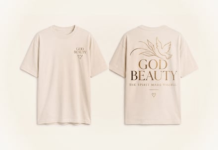 Two cream t-shirts displayed front and back, showing minimalist religious branding.